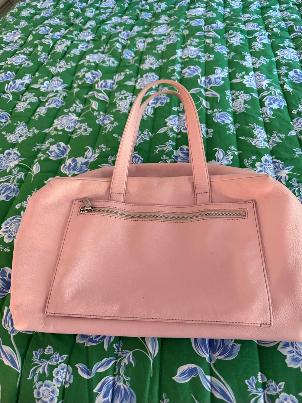 Pink Leather Tote Bag with Front Zip Pocket